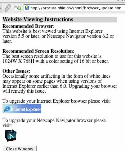 Screen grab of â€œBrowser alertâ€ for State of Ohio site