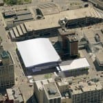 Birdseye view of the proposed downtown Dayton ice arena Rendering of site view of new Downtown Dayton ice Arean on Dave Hall Plaza