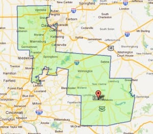 The 2000 OH-3 map showing gerrymandering across 4 counties