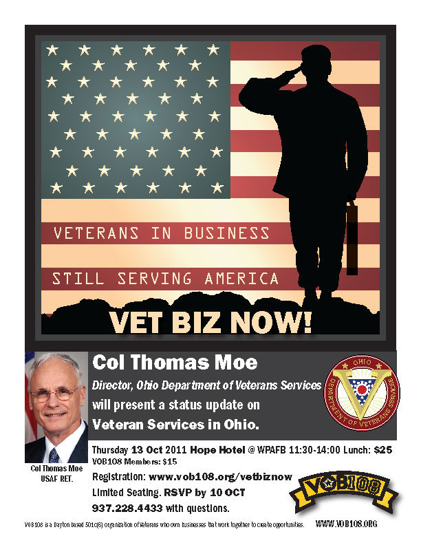Vet Biz Now flyer, for VOB108 announcing Col Tomas Moe to speak