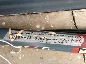 Note on an Esrati campaign sign taken down by the homeowner in Beavercreek