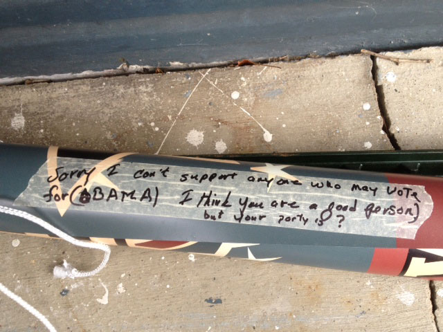 Note on an Esrati campaign sign taken down by the homeowner in Beavercreek