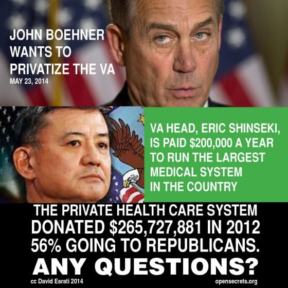 John Boeher wants to privatize the VA, while Gen. Shinseki makes $200K, and the health-care industry donates $265 million to politicians 