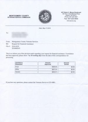 The letter promising assistance at a later date from the Montgomery County veterans Service Center