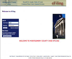 Screen shot of the Montgomery County Ohio lame court efiling website portal