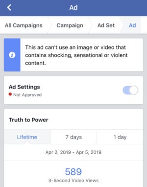 Message from Facebook banning ad for political speech