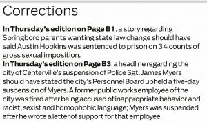 Dayton Daily News corrections about story about termination of Sgt. James Myers