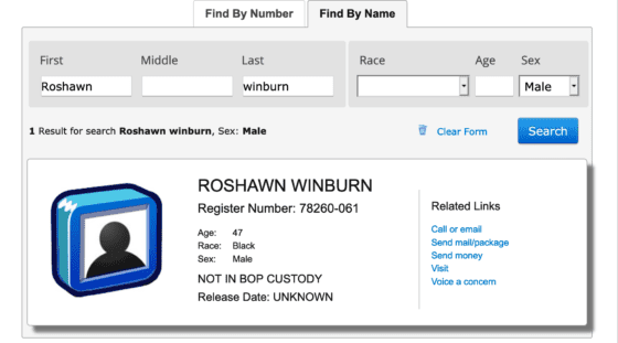 Roshawn Winburn not in Custody