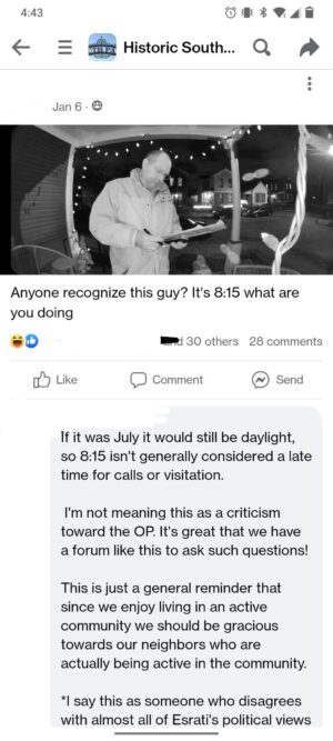 Ring doorbell photo of David Esrati posted to Facebook Ring doorbell photo of David Esrati soliciting signatures in the South Park Neighborhood.